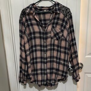 Melrose and Market Pink and Black Plaid Button-Front Shirt with Sequin Shoulders